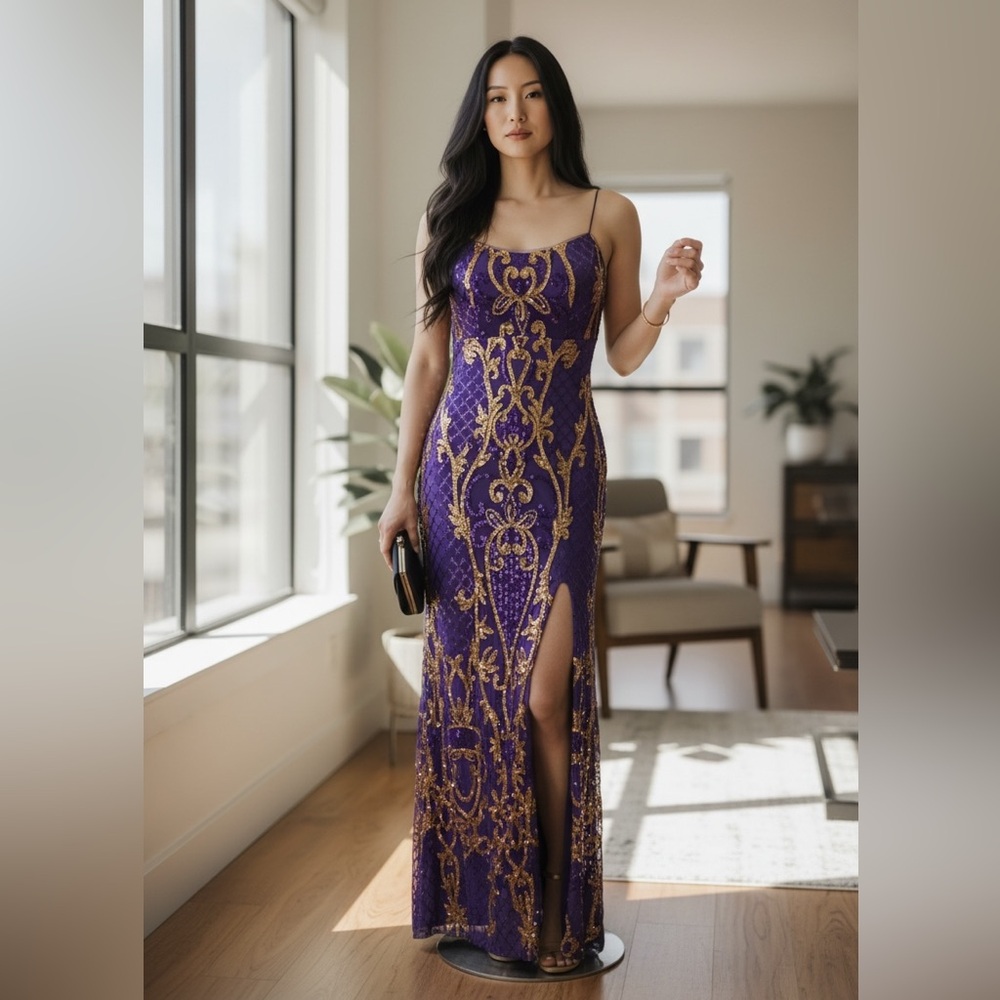 Betsy & Adam Elegant Purple and Gold Evening Dress